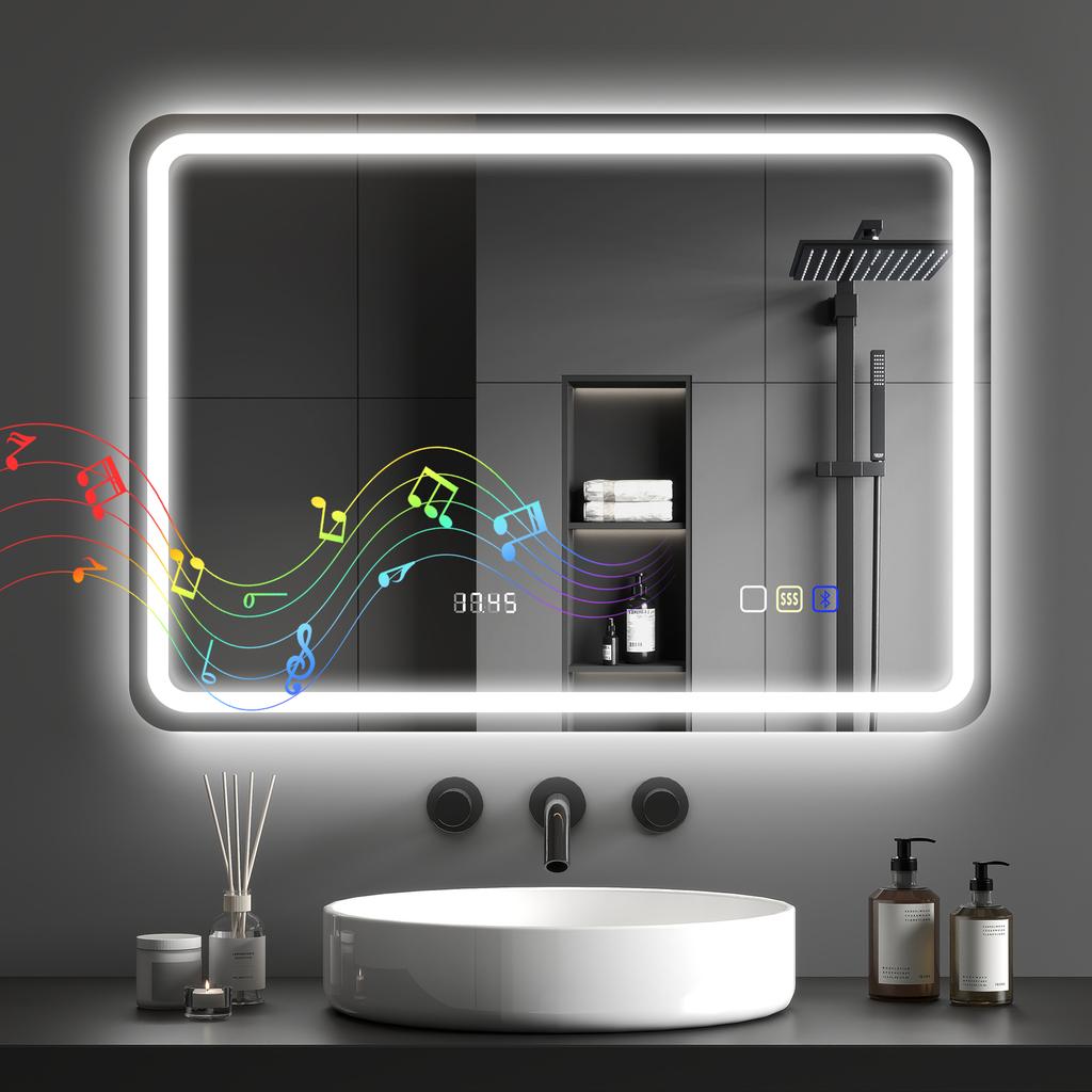 Καθρέφτης μπάνιου Bluetooth με φωτισμό LED 50 x 70 cm, φωτιζόμενος καθρέφτης τοίχου με ρολόι, αντιθαμβωτικός, ασημί