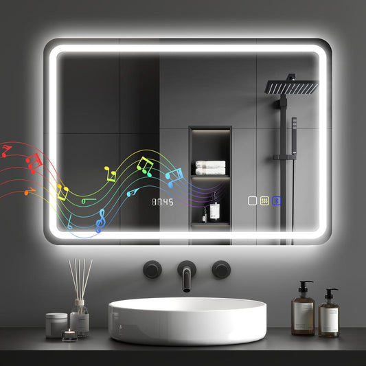 Καθρέφτης μπάνιου Bluetooth με φωτισμό LED 50 x 70 cm, φωτιζόμενος καθρέφτης τοίχου με ρολόι, αντιθαμβωτικός, ασημί