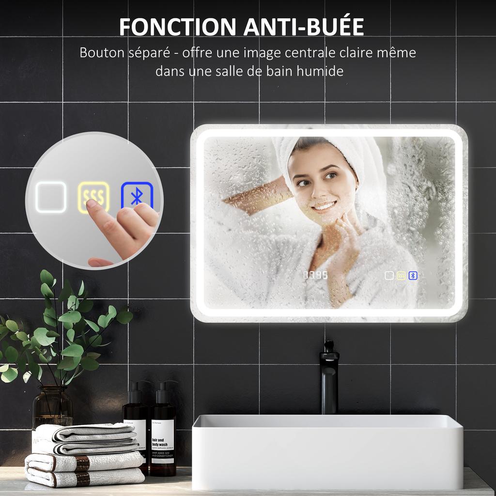 Καθρέφτης μπάνιου Bluetooth με φωτισμό LED 50 x 70 cm, φωτιζόμενος καθρέφτης τοίχου με ρολόι, αντιθαμβωτικός, ασημί