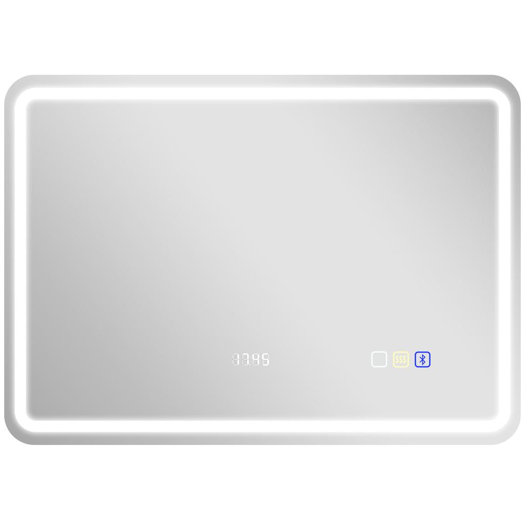 Καθρέφτης μπάνιου Bluetooth με φωτισμό LED 50 x 70 cm, φωτιζόμενος καθρέφτης τοίχου με ρολόι, αντιθαμβωτικός, ασημί