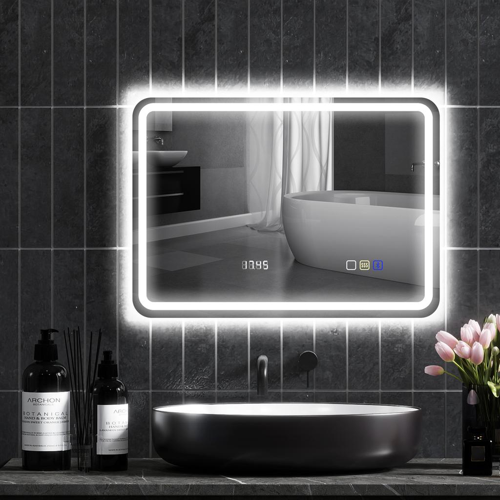 Καθρέφτης μπάνιου Bluetooth με φωτισμό LED 50 x 70 cm, φωτιζόμενος καθρέφτης τοίχου με ρολόι, αντιθαμβωτικός, ασημί