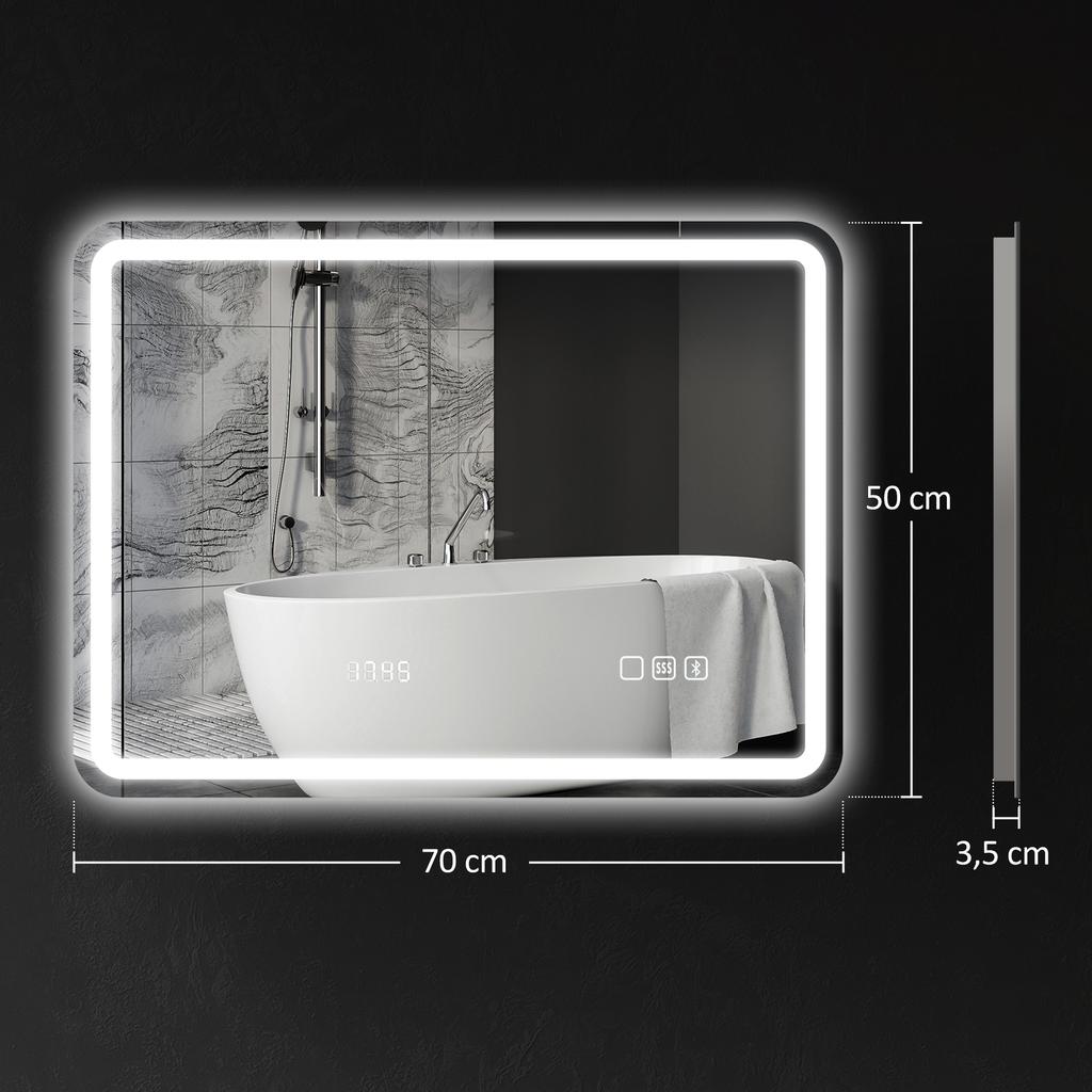 Καθρέφτης μπάνιου Bluetooth με φωτισμό LED 50 x 70 cm, φωτιζόμενος καθρέφτης τοίχου με ρολόι, αντιθαμβωτικός, ασημί