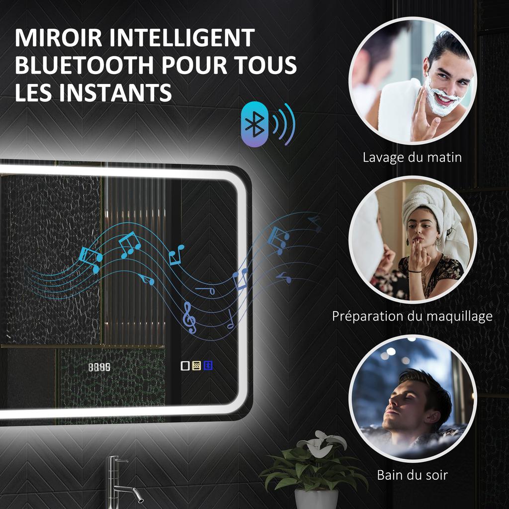Καθρέφτης μπάνιου Bluetooth με φωτισμό LED 50 x 70 cm, φωτιζόμενος καθρέφτης τοίχου με ρολόι, αντιθαμβωτικός, ασημί