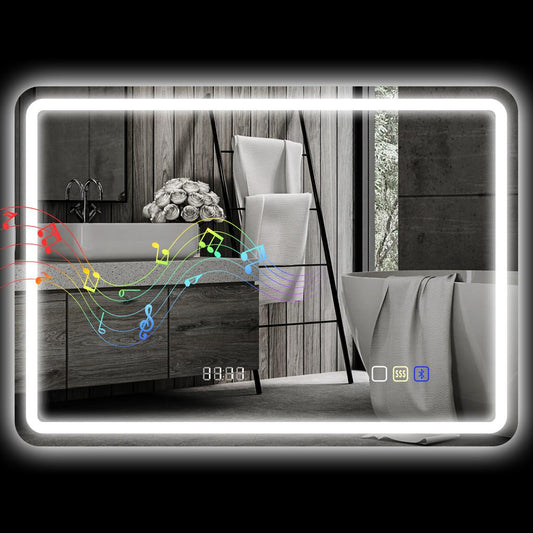 Καθρέφτης μπάνιου Bluetooth με φωτισμό LED 50 x 70 cm, φωτιζόμενος καθρέφτης τοίχου με ρολόι, αντιθαμβωτικός, ασημί