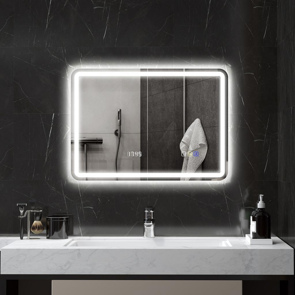 Καθρέφτης μπάνιου Bluetooth με φωτισμό LED 50 x 70 cm, φωτιζόμενος καθρέφτης τοίχου με ρολόι, αντιθαμβωτικός, ασημί