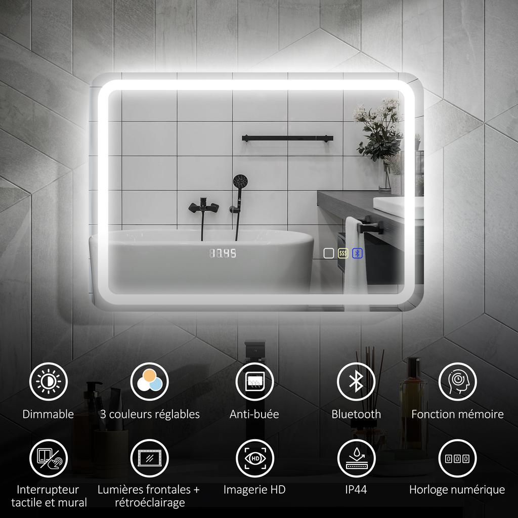Καθρέφτης μπάνιου Bluetooth με φωτισμό LED 50 x 70 cm, φωτιζόμενος καθρέφτης τοίχου με ρολόι, αντιθαμβωτικός, ασημί